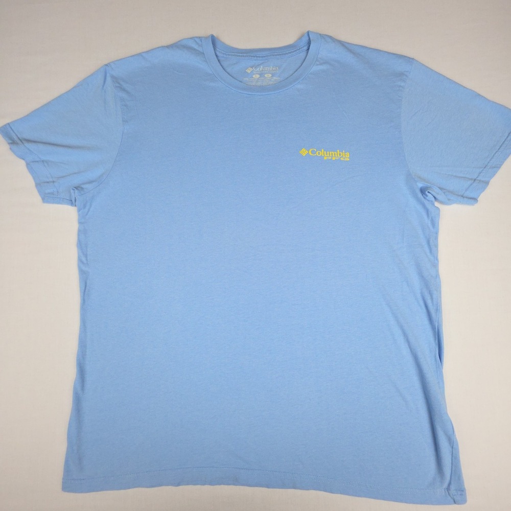 Columbia PFG Performance Fishing Gear T-Shirt Mens L Fits Med Blue Marlin Cotton